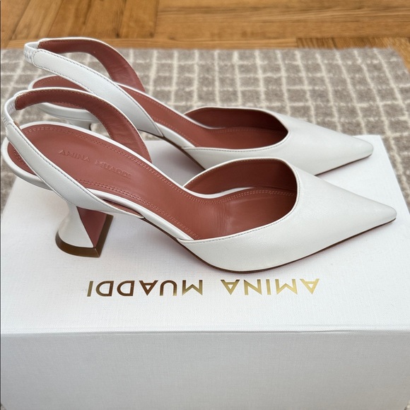 Amina Muaddi Shoes - Amina Muaddi White Slingback Heels